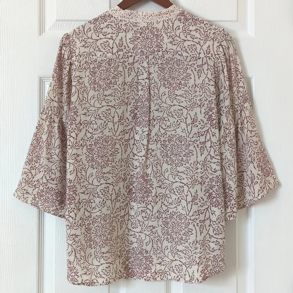 Warm NY Floral Printed Silk Tied V-neck Quarter Bell Sleeve Blouse Cream Medium